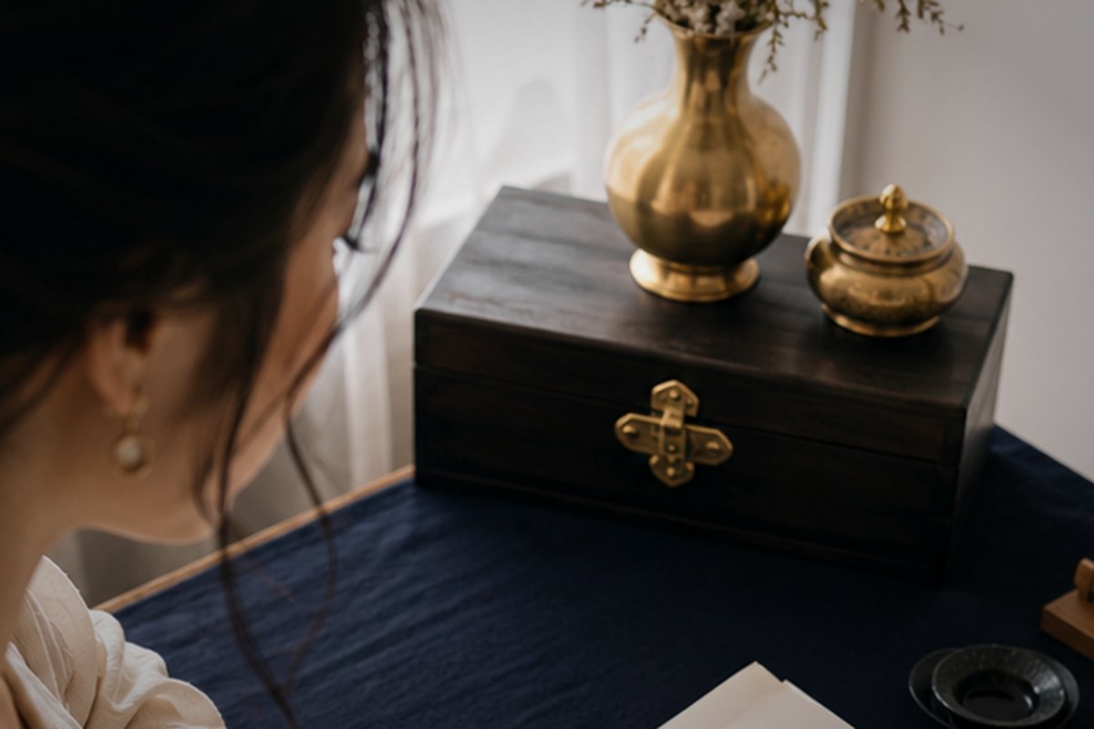 A desk with a navy cloth, a brass vase and a wooden box